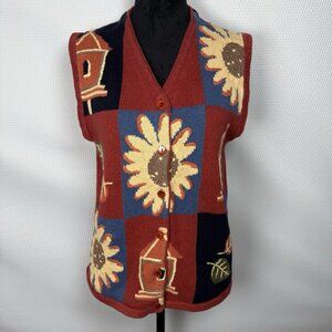 Vintage Christopher & Banks Sweater Vest Large 90's Birdhouse Fall Embroidered